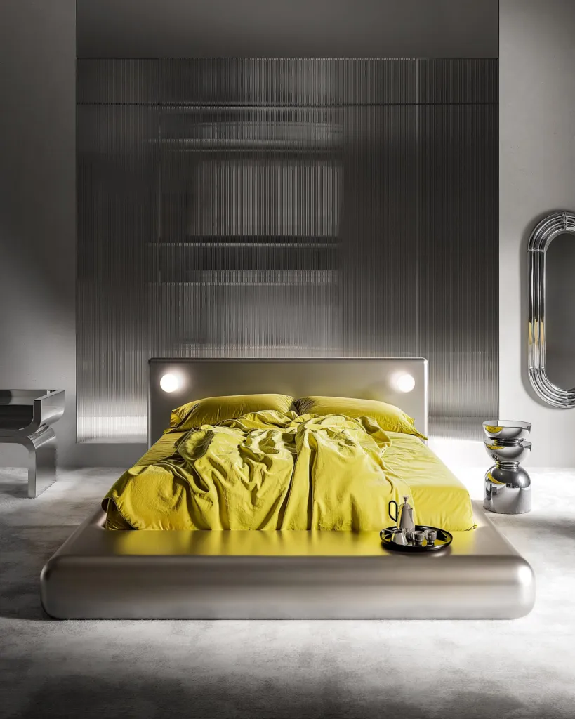 Bright Yellow, camera da letto in metallo con lenzuola giallo acido, progetto di ricerca Superresolution