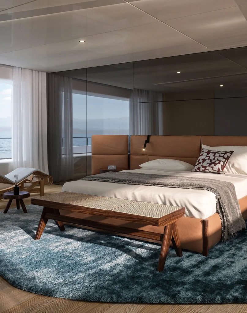 Cabina armatoriale di uno yacht con letto Cassina in legno, catalogo Yachting Tales