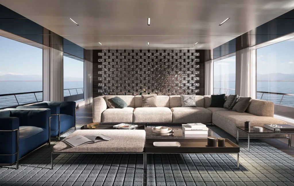 Salone di uno yacht con divano angolare Cassina e parete decorativa traforata