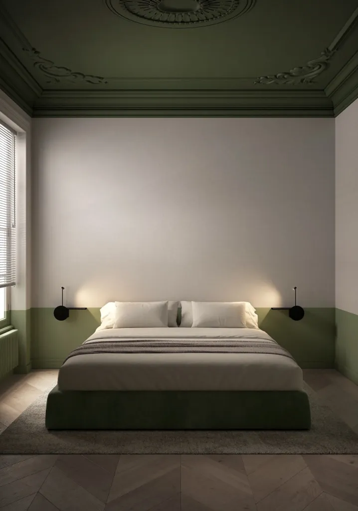 Camera da letto con lampade da parete Fischietto di Cini&Nils ai lati del letto verde