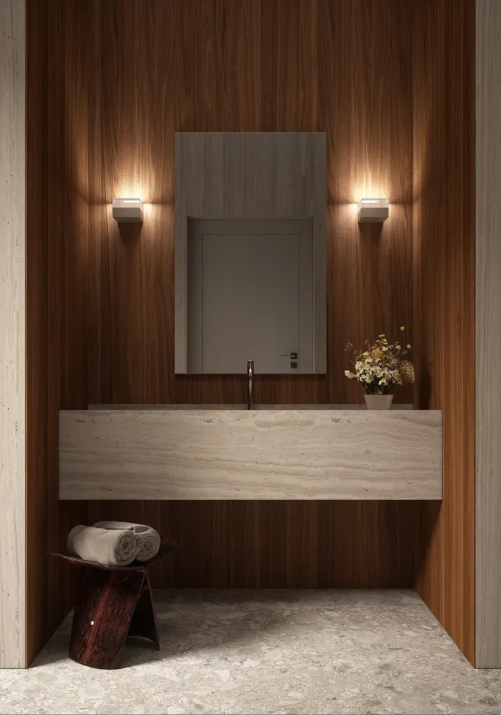 Bagno con parete in legno e applique Roma di Cini&Nils ai lati dello specchio