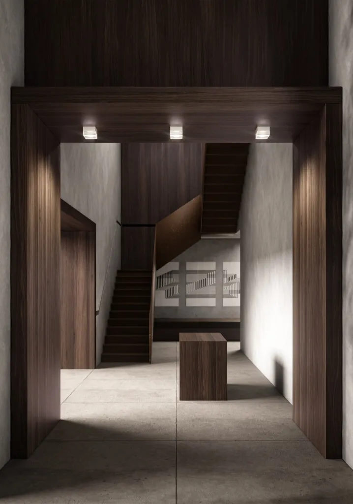 Hall d'ingresso con pareti in legno scuro illuminate dalle applique Roma di Cini&Nils