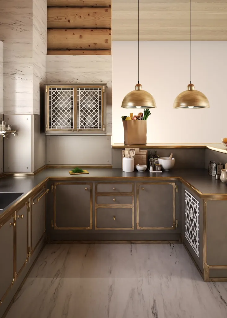 Cucina classica Officine Gullo in metallo con cappa e lampade in ottone 