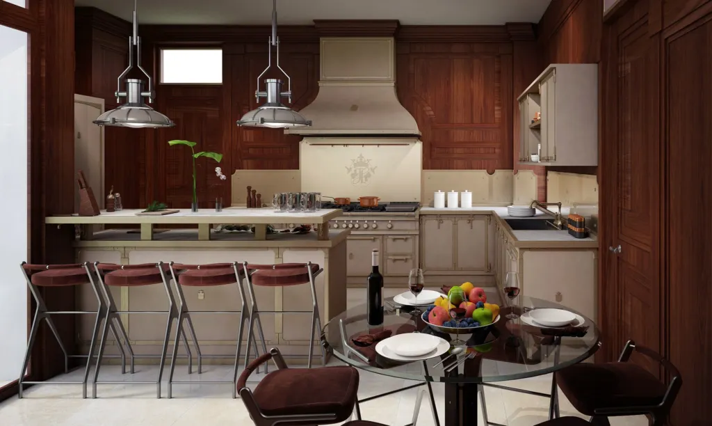 Cucina Officine Gullo con cappa in ottone, boiserie in legno e bancone con sgabelli