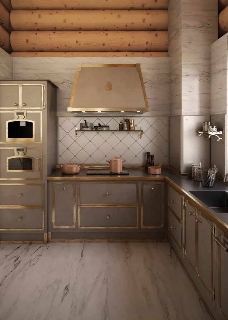 Cucina Officine Gullo con forni e cappa in ottone, vista frontale