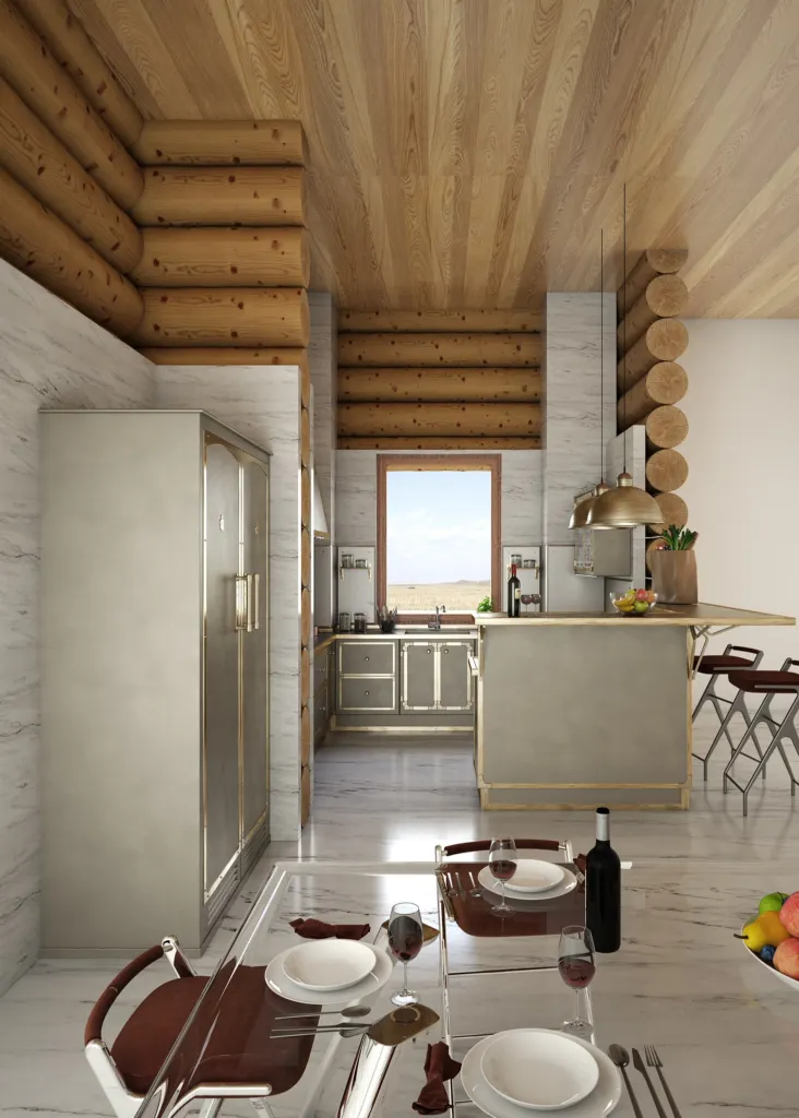 Cucina Officine Gullo con frigorifero in acciaio e tavolo apparecchiato