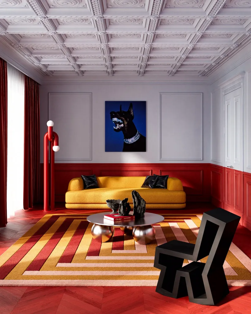 Deep Red, interno CGI con divano giallo, pareti rosse e tappeto a righe sotto un ritratto di cane