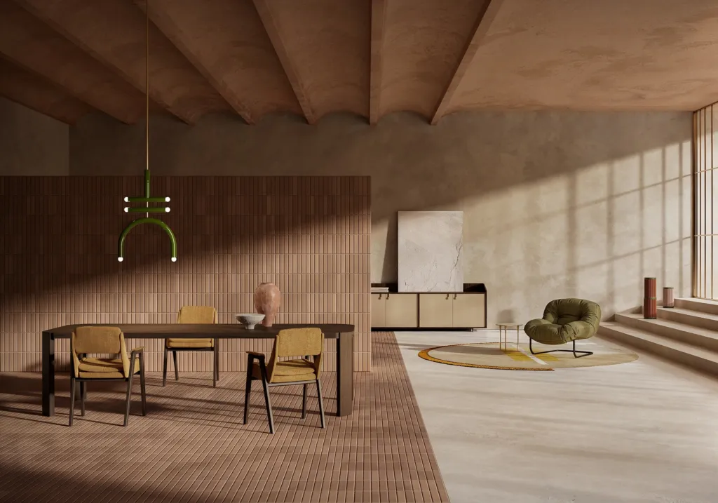 Render di una zona pranzo Nube con tavolo in legno, sedie senape, soffitto a travi e pavimento in cotto