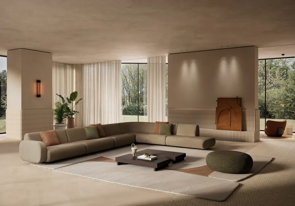 Render di un living Nube con divano angolare color sabbia e vetrate sul verde