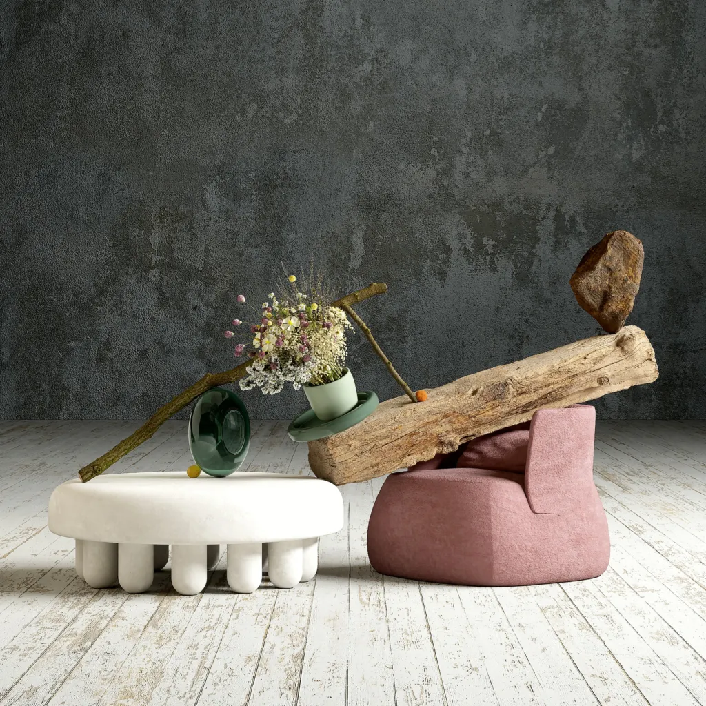 Equilibrium, still life con tavolino bianco, pouf rosa e ramo in equilibrio