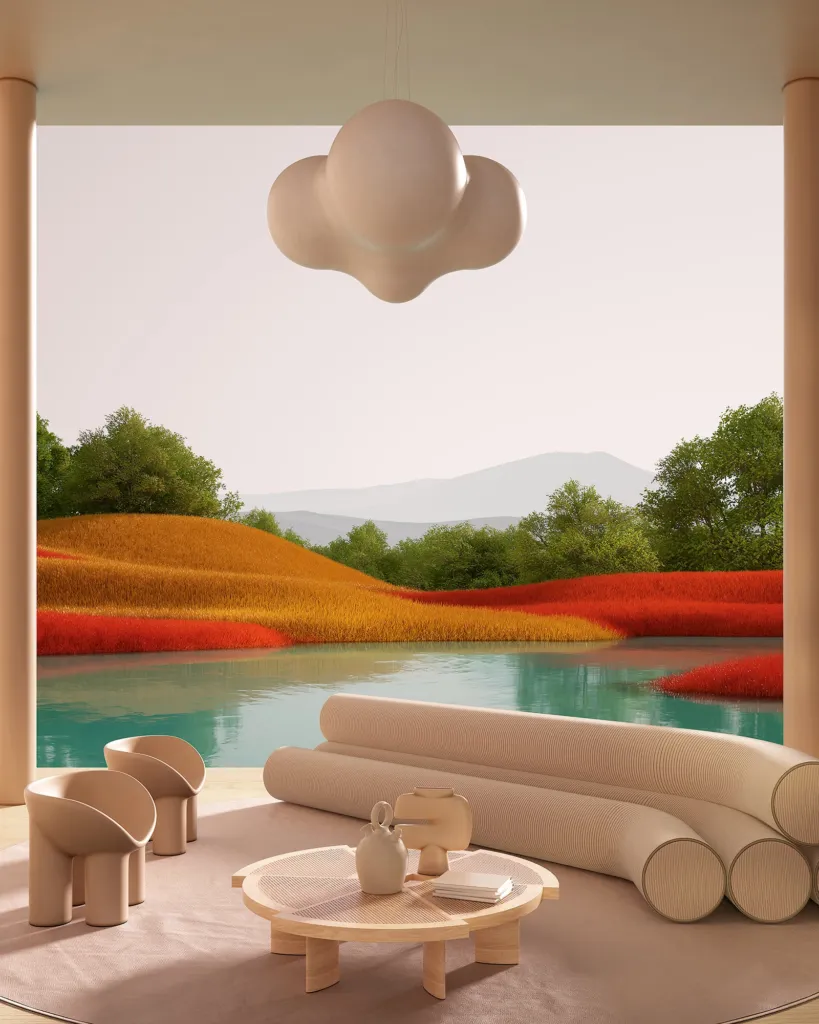 Fall Japanese Garden, living aperto su un giardino giapponese autunnale con laghetto