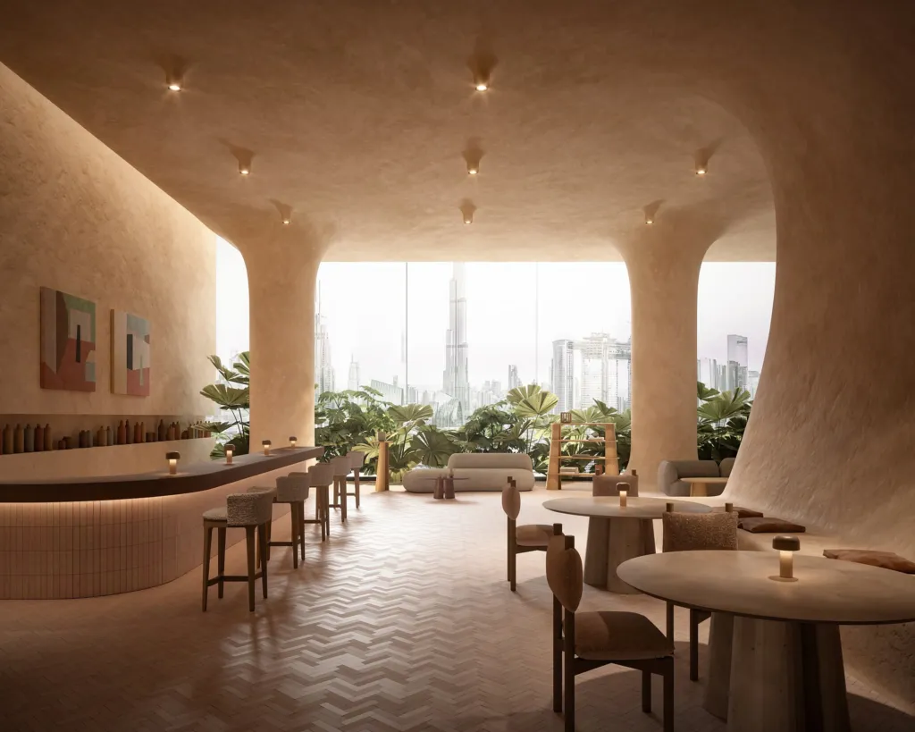 Bar a Dubai con bancone, sgabelli e tavoli in cemento Forma&Cemento e vista sui grattacieli