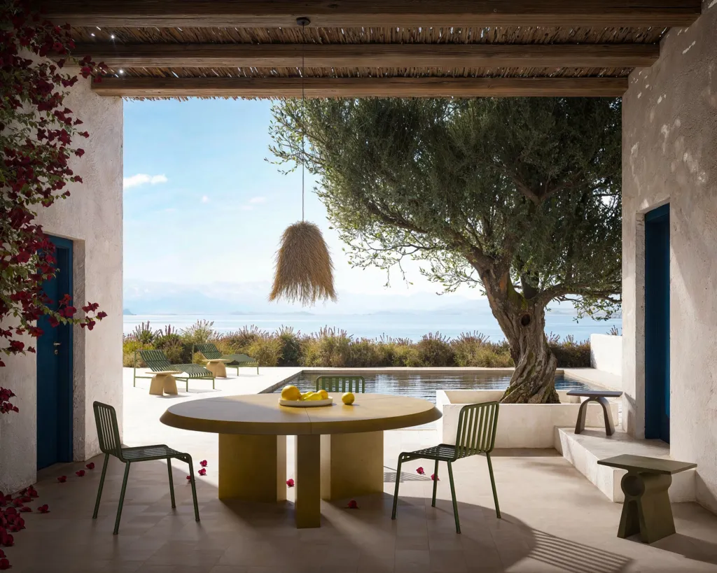 Patio in stile greco con tavolo tondo in cemento Forma&Cemento sotto un ulivo, vista mare