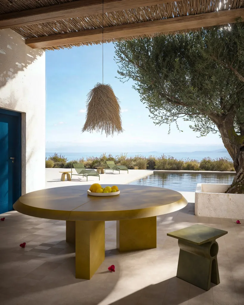 Tavolo rotondo in cemento Forma&Cemento sotto una lampada intrecciata, vista mare