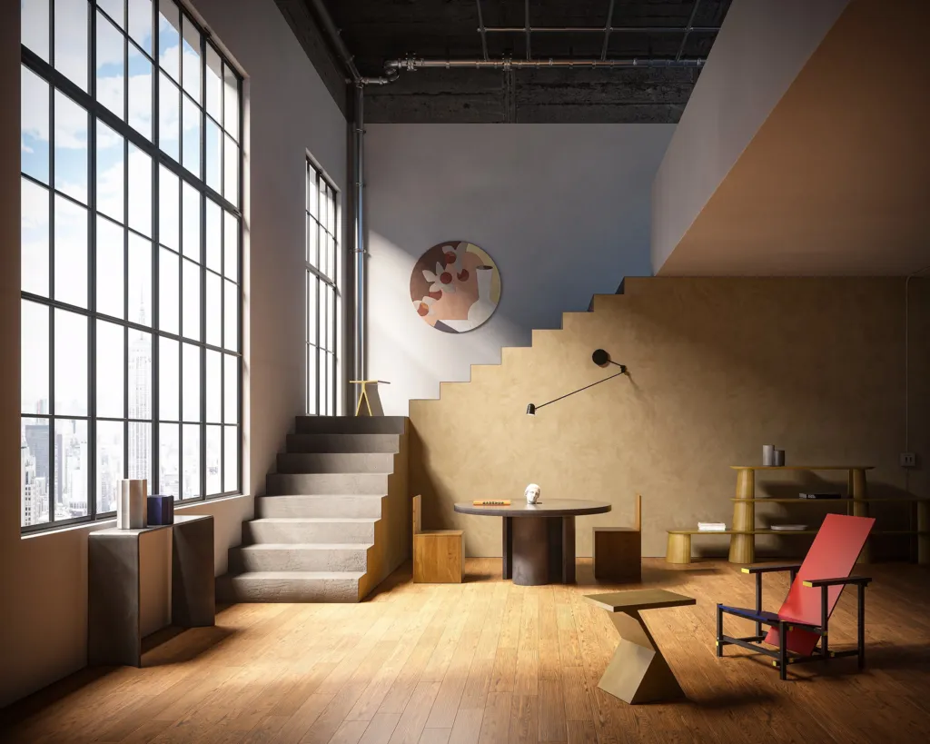 Loft newyorkese a doppia altezza con scala, tavolo e sgabelli in cemento Forma&Cemento