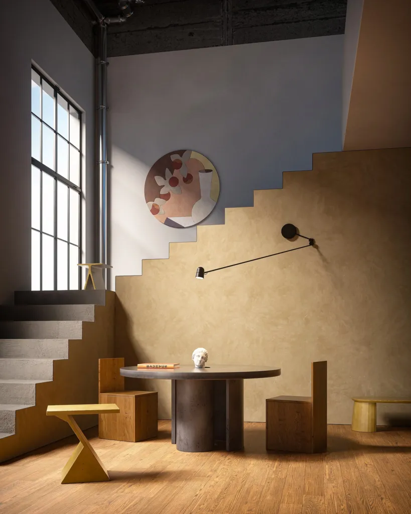 Tavolo e sgabelli in cemento Forma&Cemento in un loft con grandi finestre industriali