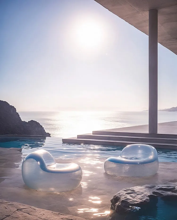 Glossy, sedute trasparenti su una terrazza affacciata su una baia