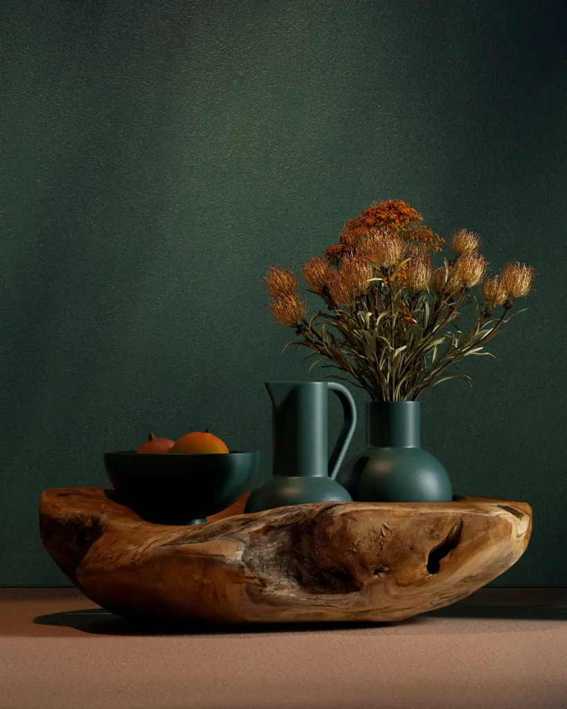 Hyperrealism, still life con fiori secchi, vasi in ceramica e tronco in legno