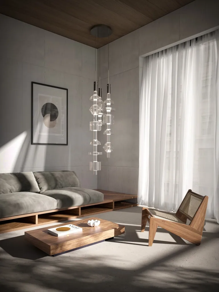 Sospensione Infinita di Martinelli Luce in un living minimale con divano basso