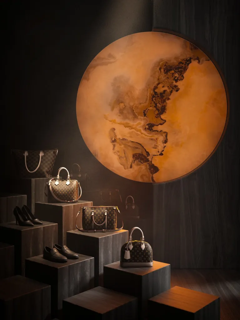 Negozio con disco retroilluminato in lastre Moonlight di Iris Ceramica Group