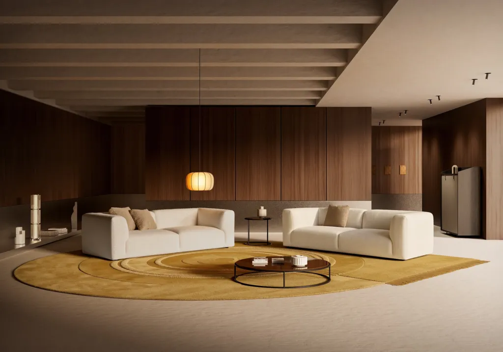 Render di un living Nube con boiserie in legno scuro, due divani bianchi e tappeto rotondo ocra