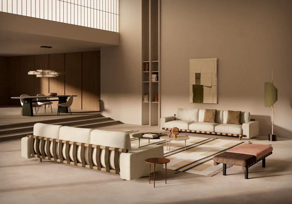 Render di un living Nube a doppia altezza con divani chiari su base in legno e zona pranzo sullo sfondo