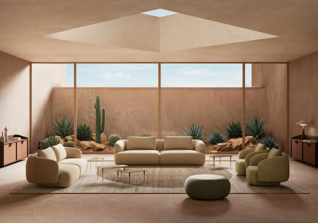Render di un living Nube con pareti terracotta, lucernario e vetrate su un giardino di cactus