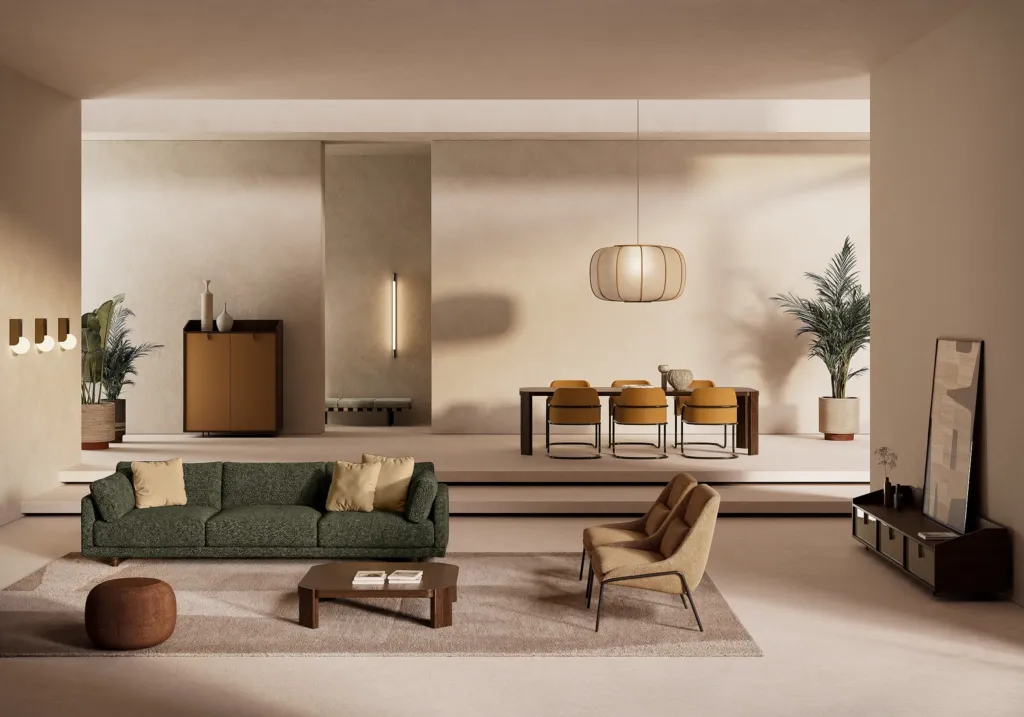 Render di un open space Nube con divano verde, zona pranzo con sedie senape e piante