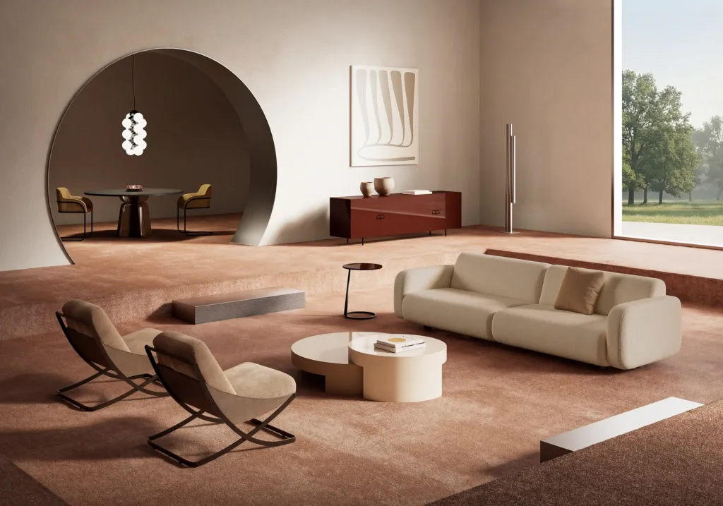 Render di un living Nube con divano bianco, due poltrone in metallo e apertura ad arco sulla zona pranzo