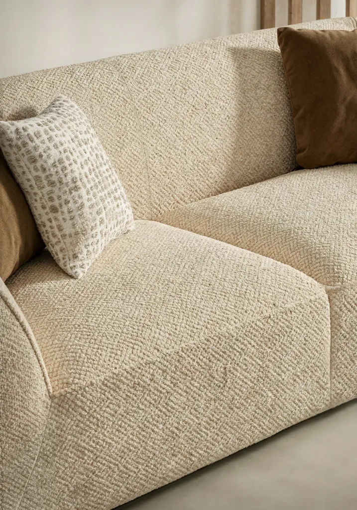 Dettaglio del divano in bouclé écru con cuscini decorativi