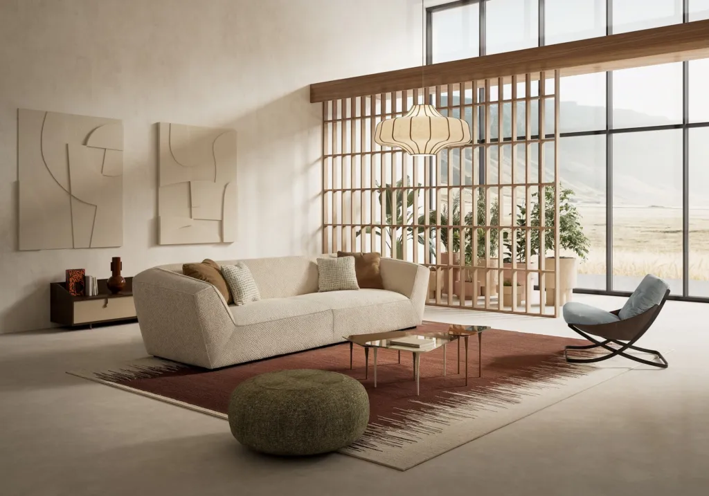 Render di un living Nube con divano bianco, tappeto bordeaux, divisorio a listelli in legno e vetrate sulla campagna