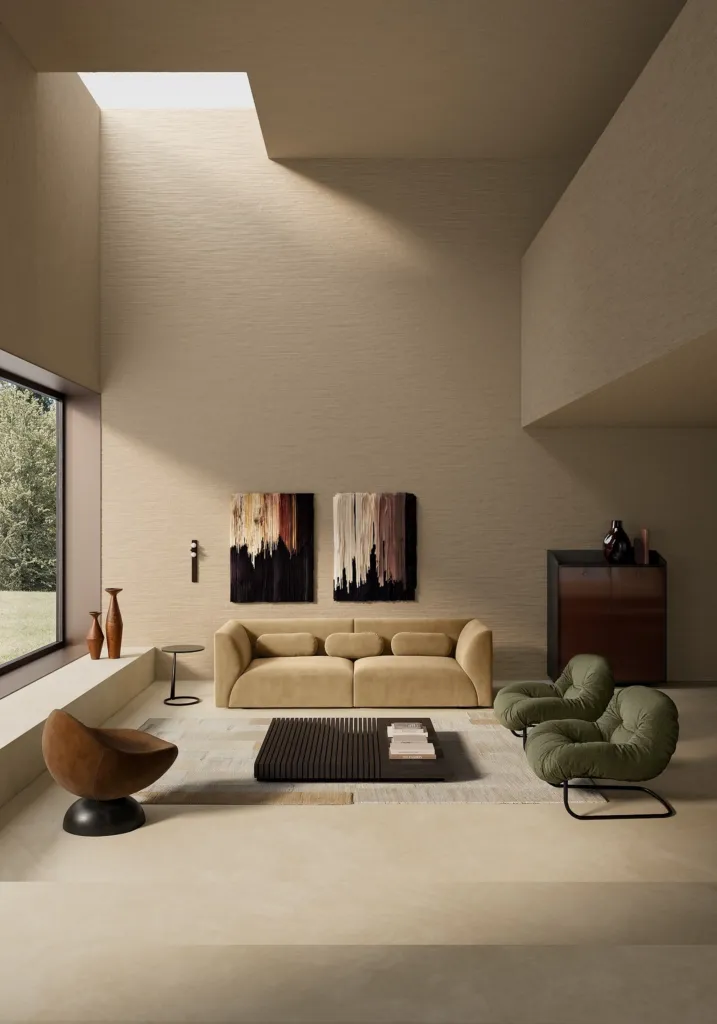 Render di un living Nube a doppia altezza con lucernario, divano beige e poltrone verdi