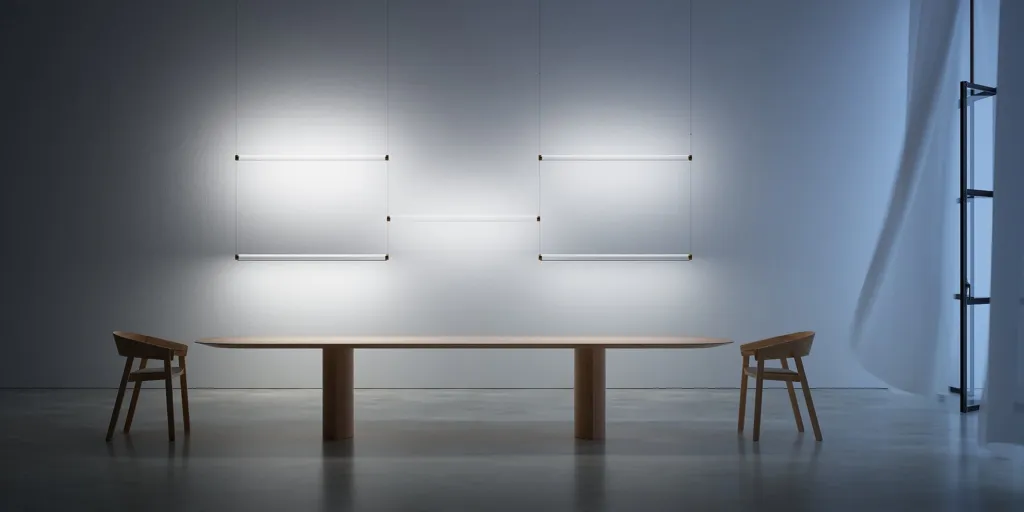 Lampade lineari Magia di Davide Groppi sopra un lungo tavolo in legno in una sala chiara