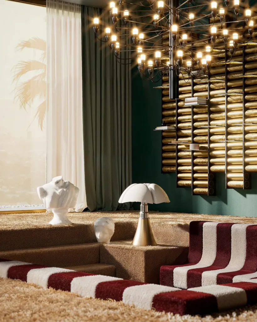 Mulholland, dettaglio del conversation pit con sedute a righe rosse e lampadario a sfere