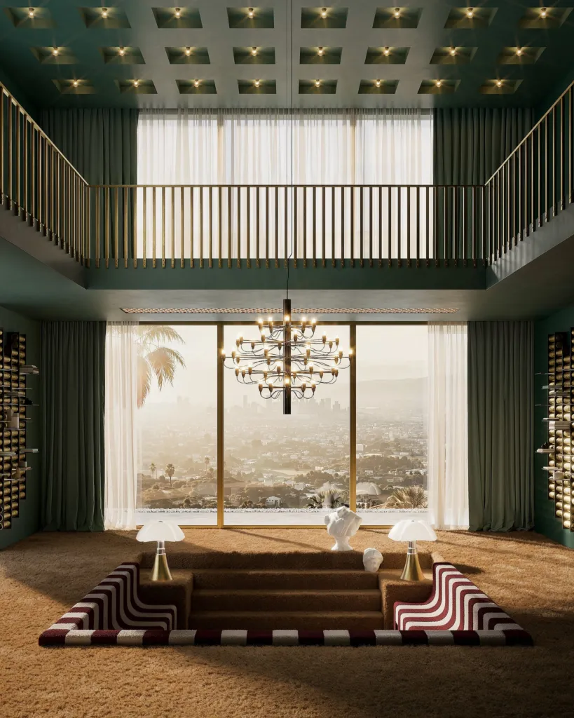 Mulholland, living a doppia altezza con conversation pit e vetrata panoramica