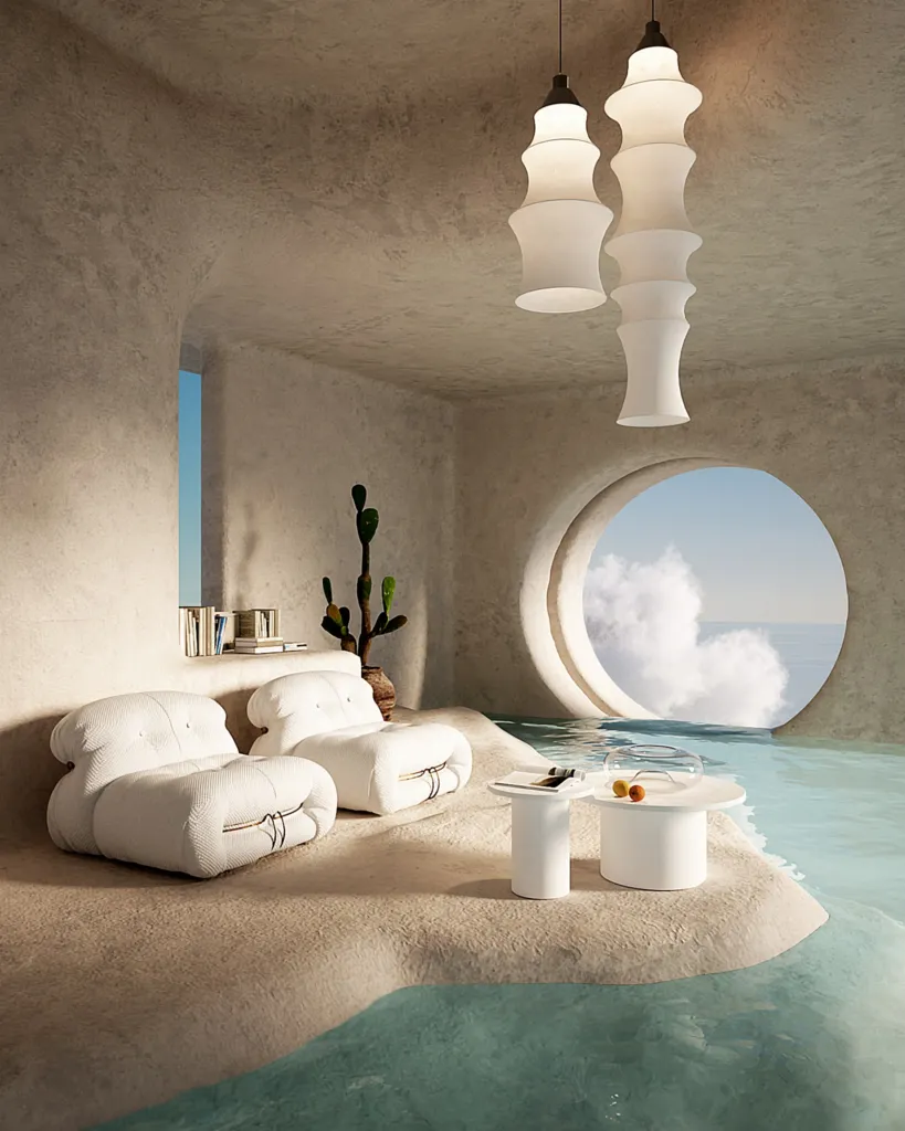 Organic Escape, living bianco dalle forme organiche con oblò sul cielo e lampade a sospensione