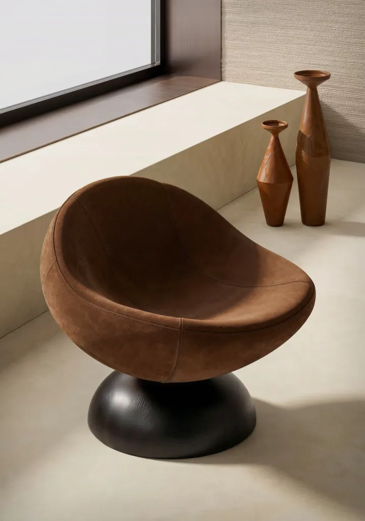 Poltrona Nube in tessuto marrone su base nera, con vasi in terracotta