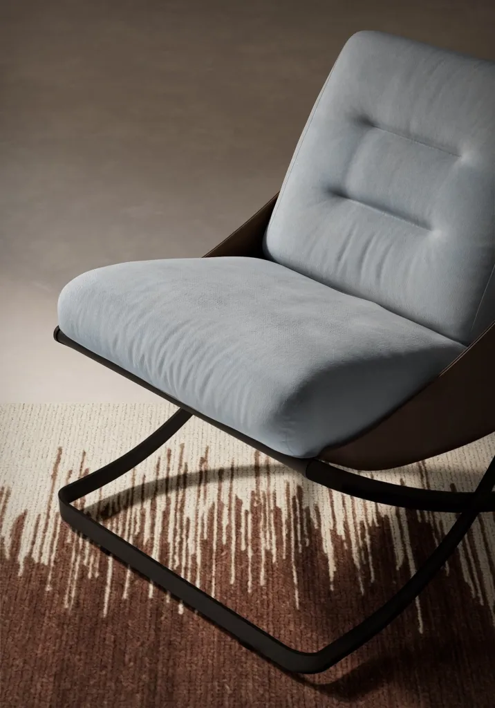 Poltrona Nube con struttura in metallo nero e cuscini grigio azzurro