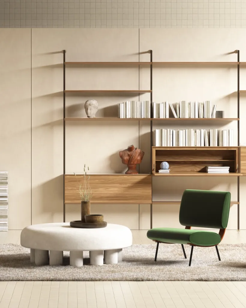Relax Corner, vista verticale della poltrona verde e della libreria in legno