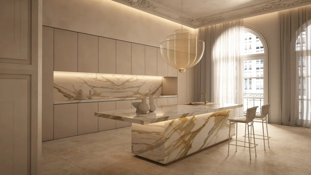 Cucina di lusso con isola in lastre Laminam effetto marmo con venature dorate e finestre ad arco