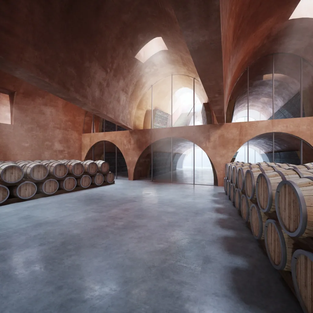 Interno di una cantina vinicola con volte in mattoni e botti, progetto Rossiprodi Associati