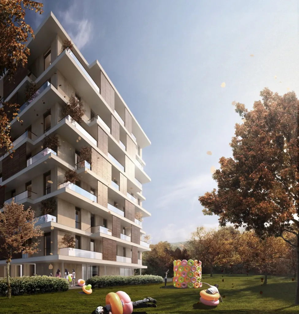 Render di un edificio residenziale con terrazze, progetto Rossiprodi Associati