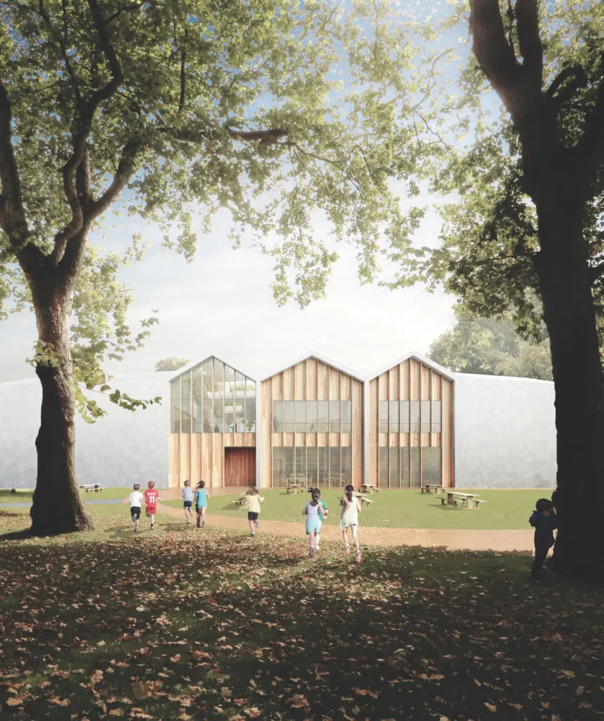 Render di una scuola con tetti a falde e facciate in vetro tra gli alberi, progetto Rossiprodi Associati