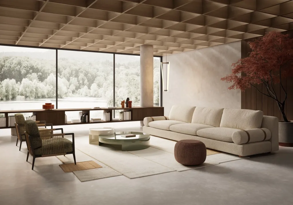 Render di un living Nube con divano bianco, soffitto a cassettoni in legno e grandi vetrate sul paesaggio