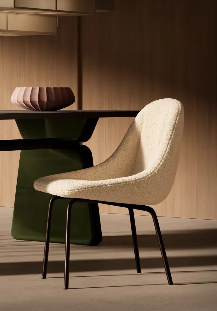 Sedia imbottita beige con gambe nere accanto a un tavolo con base verde