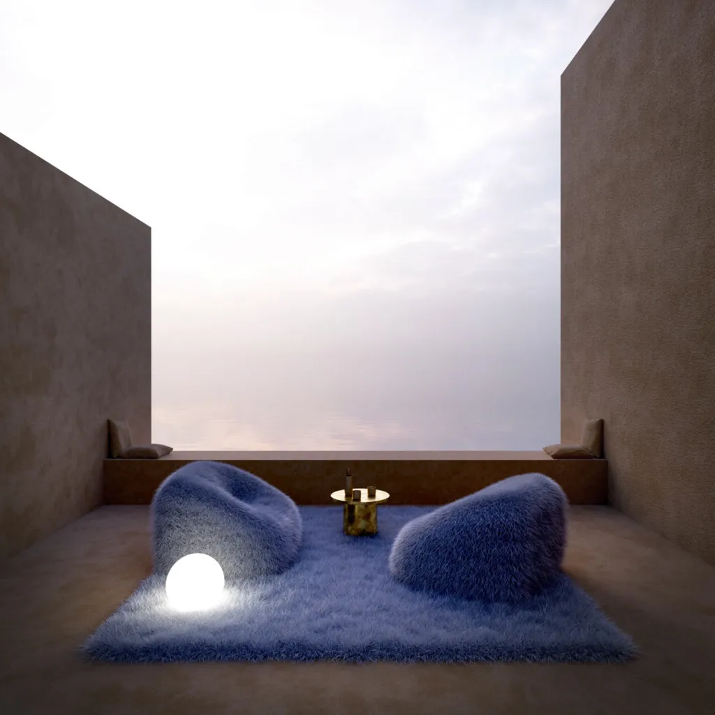 Soft, poltrone in pelliccia blu e lampada a sfera su una terrazza in cemento al tramonto