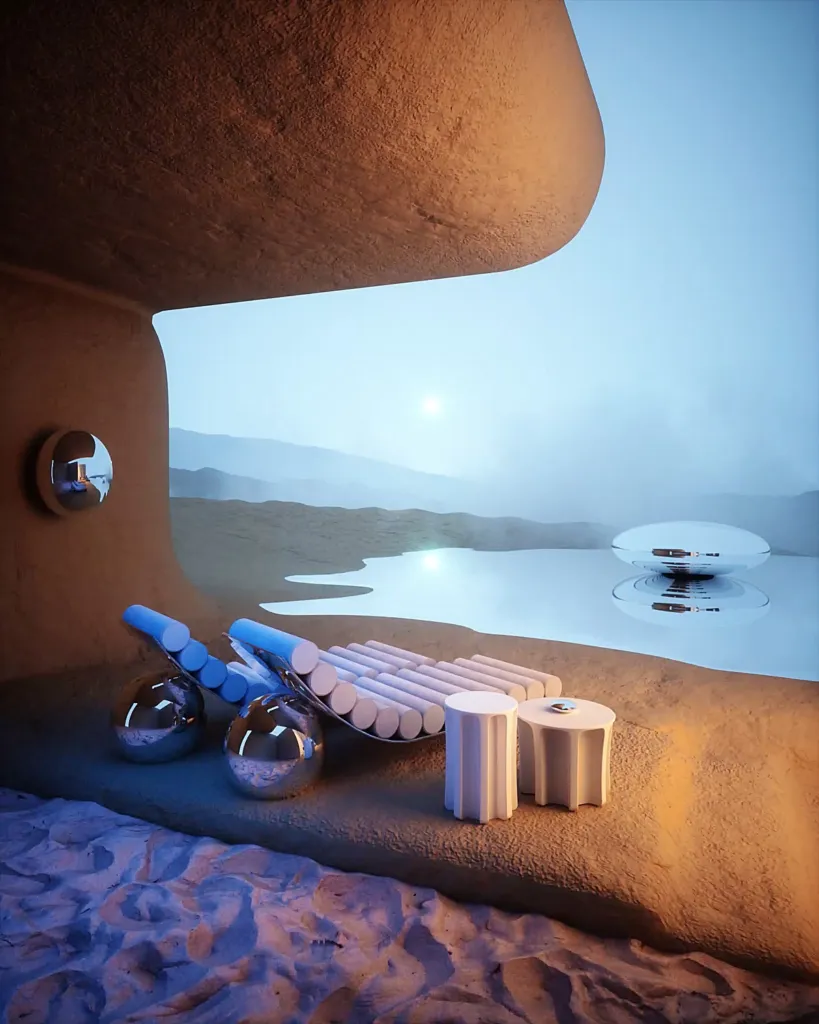 Sunset on Mars, sedute blu in una grotta affacciata su un paesaggio lunare al tramonto