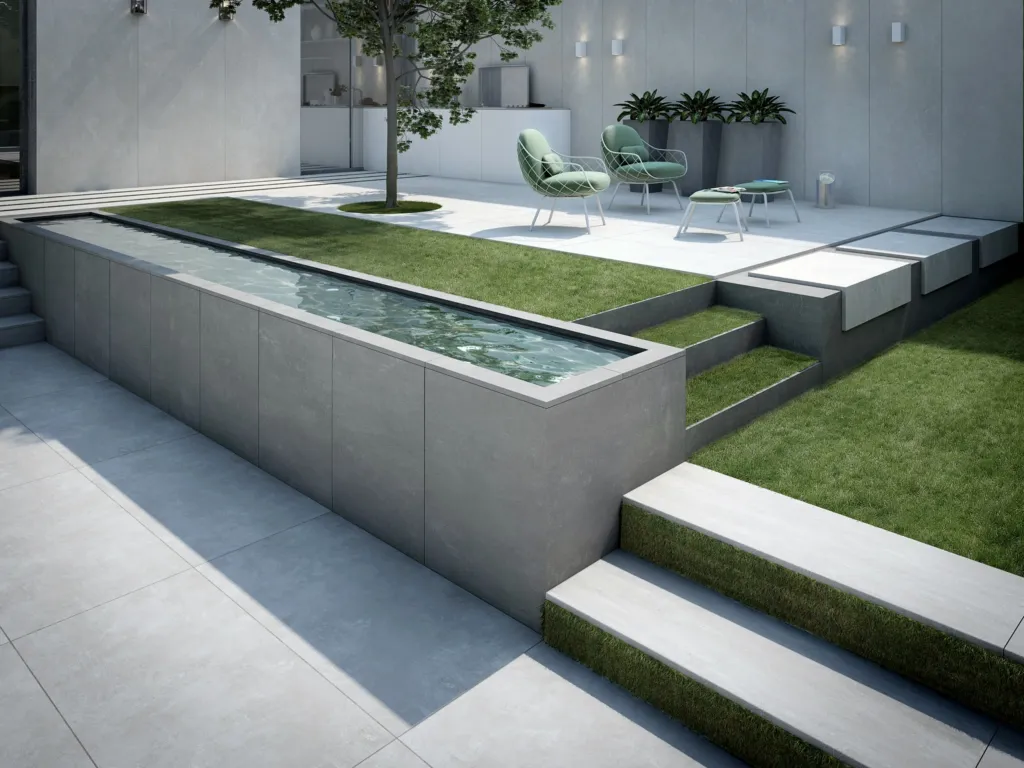 Terrazza con pavimentazione in gres Porcelaingres, piscina rialzata e gradini verso il prato