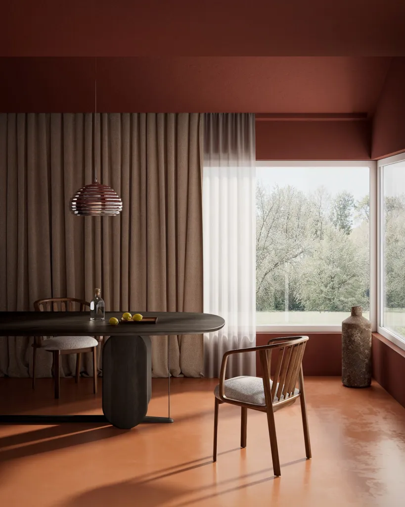Render di una sala da pranzo con arredi Woak, tavolo in legno, pareti rosso mattone e vetrata sul giardino